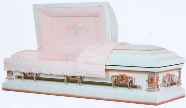 Pink coffin with raised lid, white satin lining, and decorative gold trim on a pale blue base
