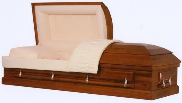 Open wooden coffin with beige lining, shown on a plain white background