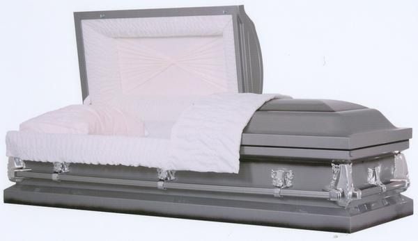 Gray open casket with white satin lining and folded white blanket