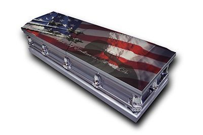 American flag–themed coffin with silver handles on a white background