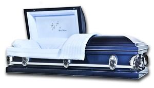 Blue casket with open lid and white lining on a plain background