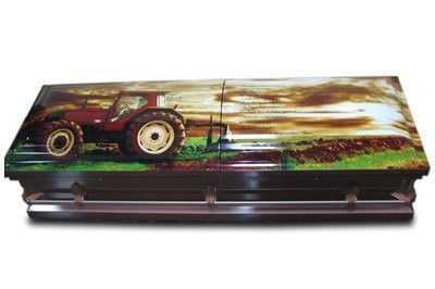 Red tractor painted on a rectangular wooden chest with a dark base