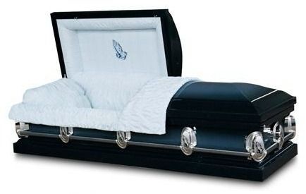 Black casket with open lid and white satin lining, shown on a white background