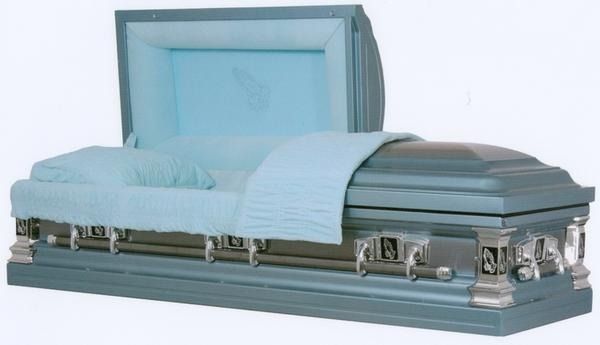 Light blue casket with open lid, shown on a silver stand