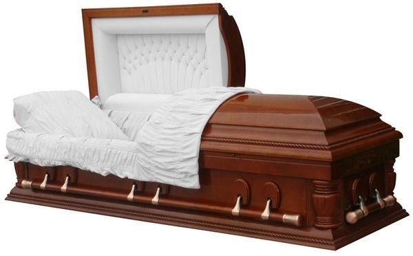 Wooden casket with open white-lined lid and white bedding, shown on a white background
