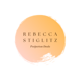 Orange gradient circle, says Rebecca Stiglitz - Postpartum Doula