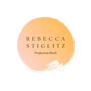 Rebecca Stiglitz, Postpartum Doula: text in brown on an orange and pink watercolor-style circle.