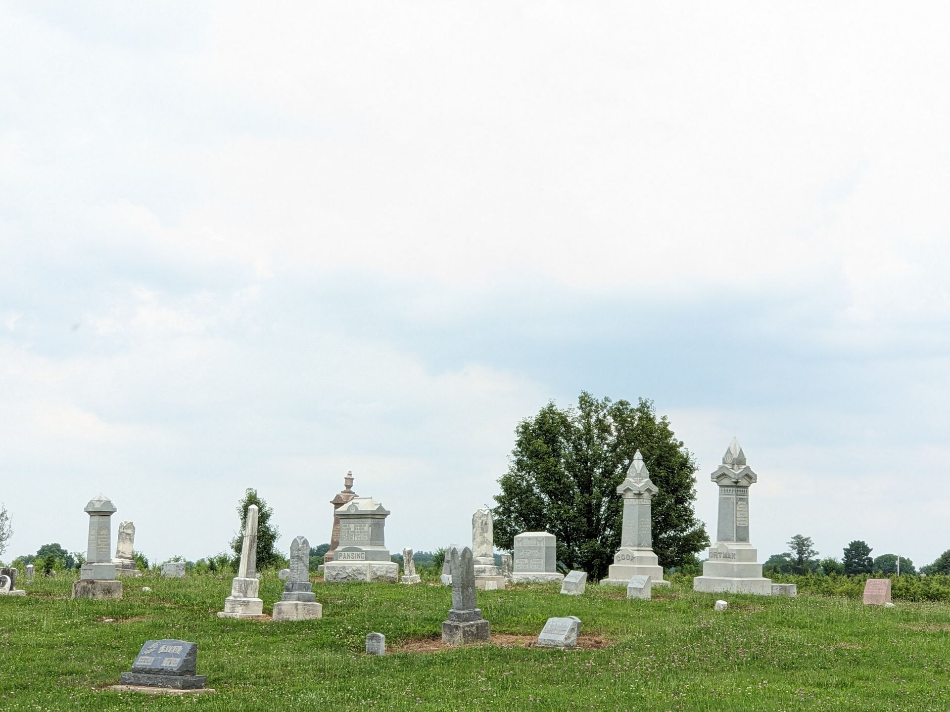 Cemetery with many headstones on a grassy hill under a cloudy sky.