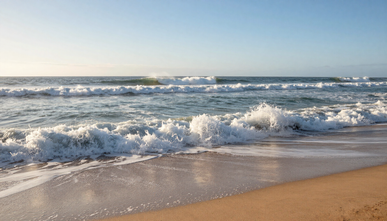 Waves crashing onto a sandy beach under a clear sky at sunset