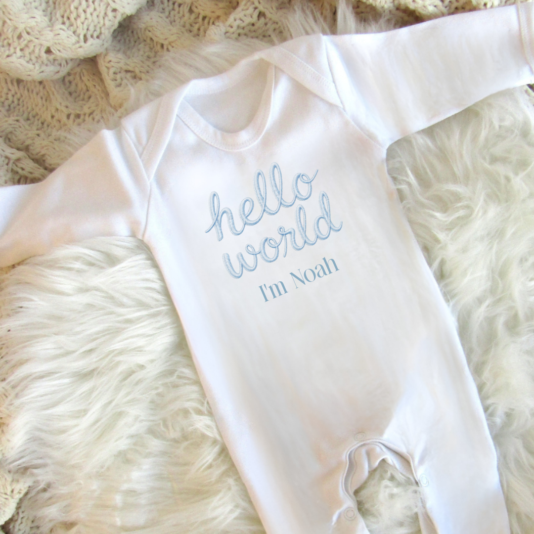 Hello World Sleepsuit - Blue Embroidered Print Design