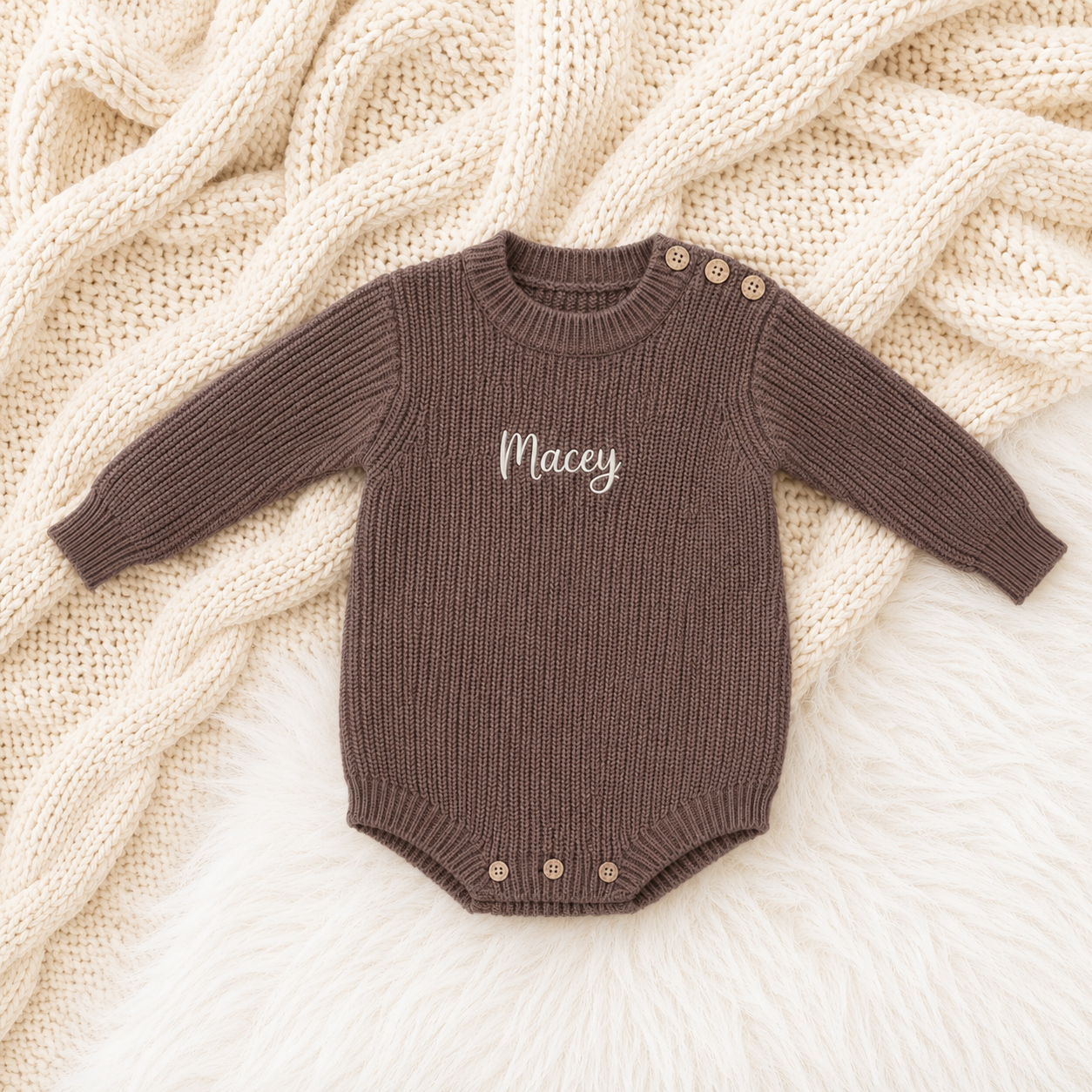 Personalised Baby Knit Romper - Brown