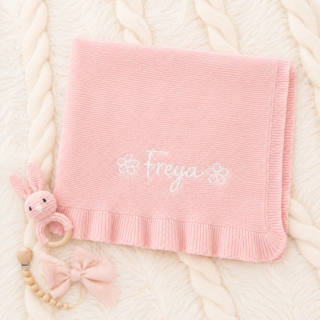 Personalised Flower Frilly Pink Blanket
