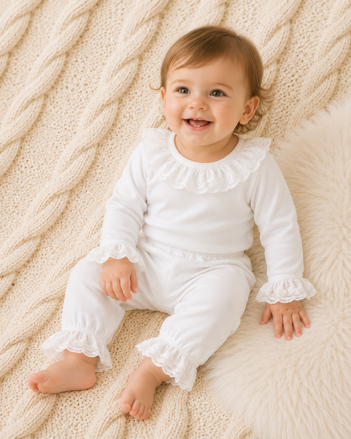 Smiling baby in white outfit sitting on a cream knitted blanket