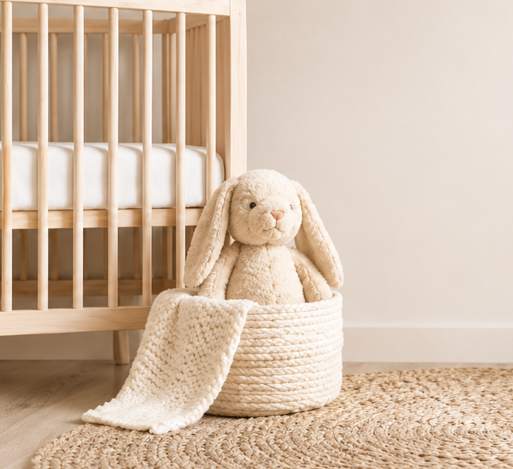 Plush bunny in a woven basket beside a wooden crib in a soft beige nursery