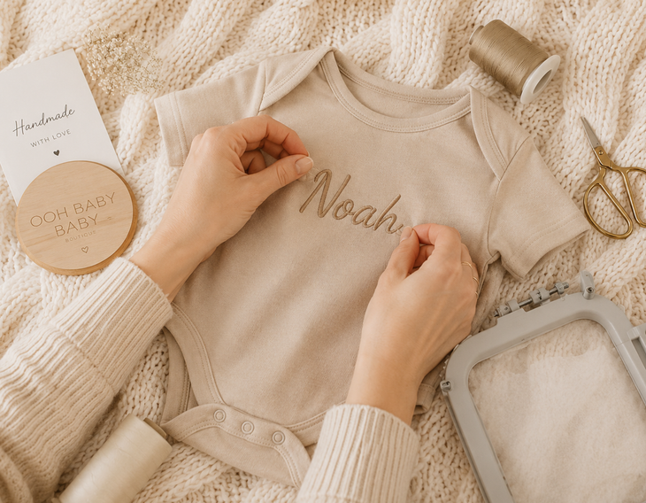 Baby onesie with “Noah” embroidery on a cozy cream knit blanket, surrounded by gift items.