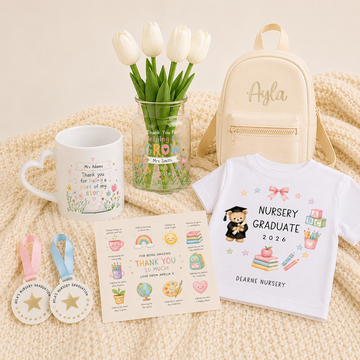 Graduation gift set with mug, flowers, custom shirt, stickers, and a beige backpack on a soft cream background