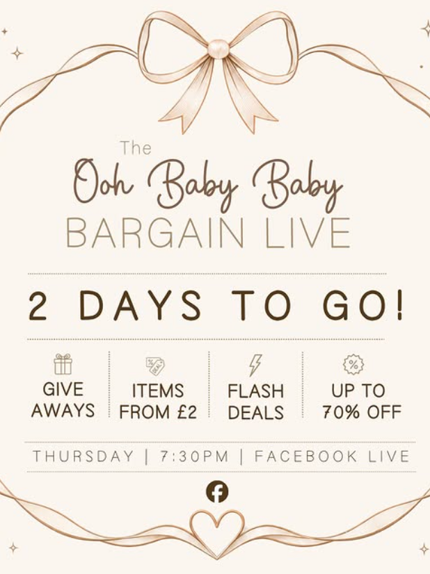Baby Bargain Live promo poster in beige, announcing “2 days to go” with giveaways, items from $2, flash deals, and 70% off.