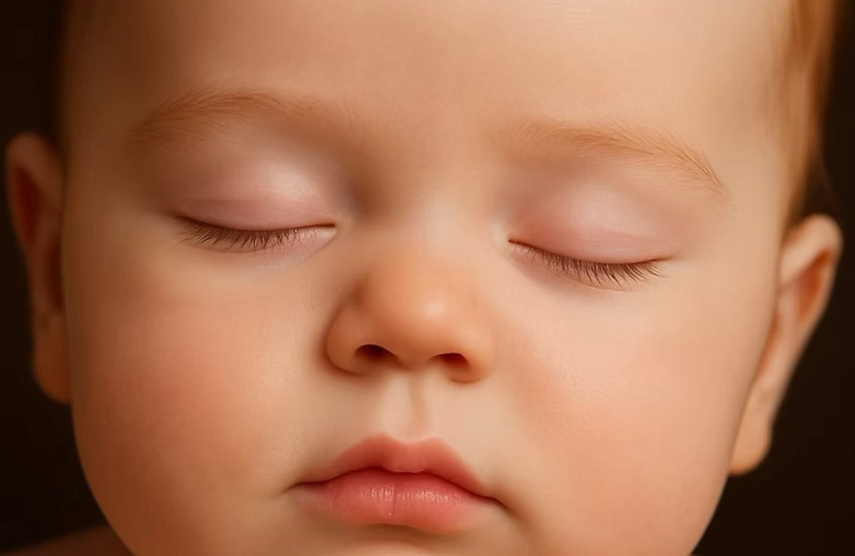 Close-up of a sleeping baby with closed eyes and a peaceful expression