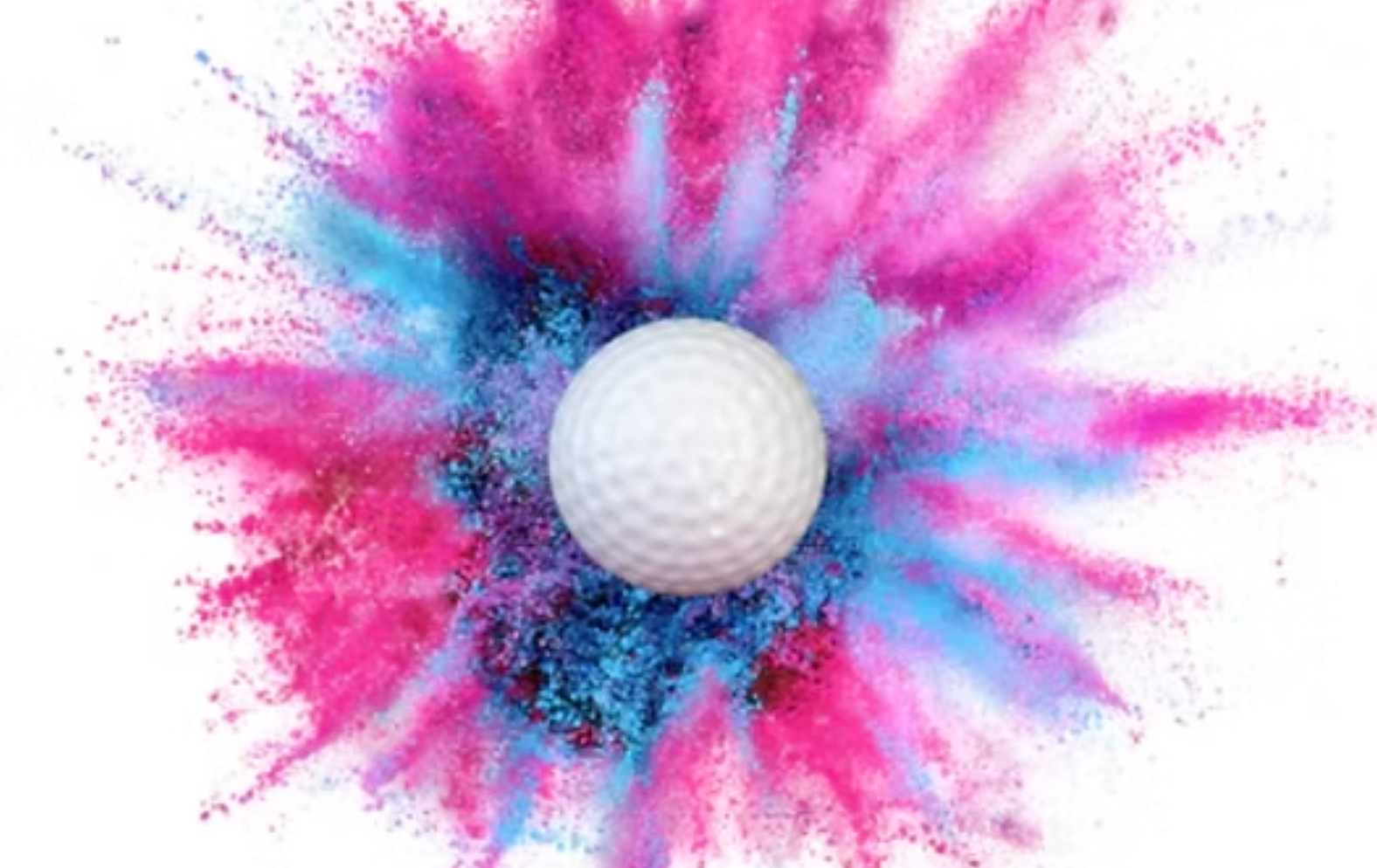 White golf ball centered in a burst of pink, blue, and black powder against a white background