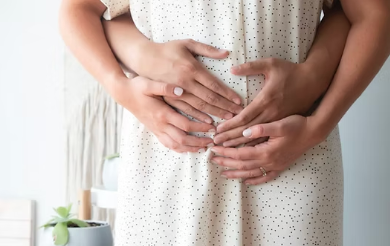 Two people embrace from behind, hands resting on a pregnant belly in a bright room.
