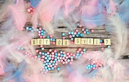 Pastel feathers and beads spelling “BOY or GIRL?” on a soft pink and blue background