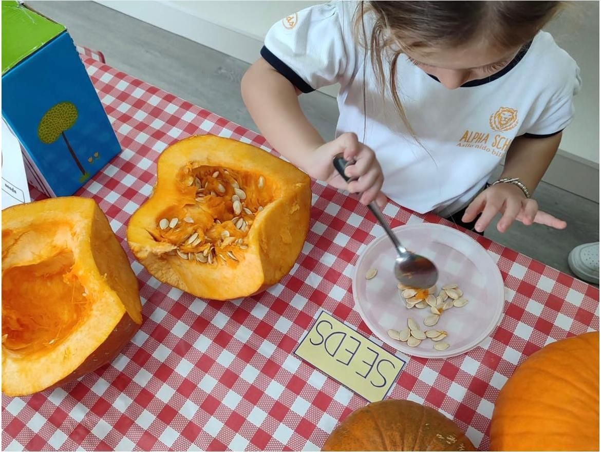 Una bambina sta estraendo i semi da una zucca con un cucchiaio.