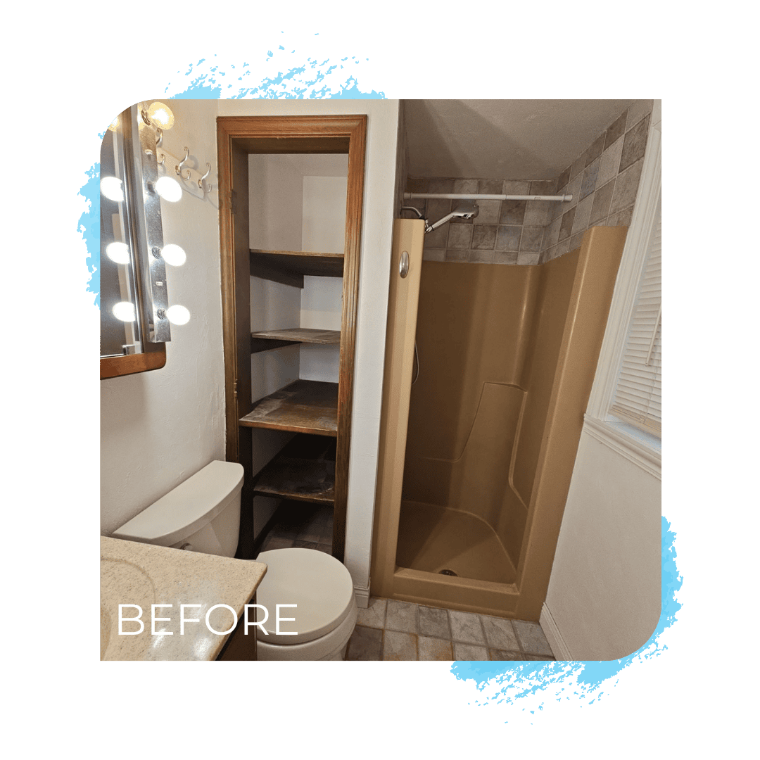 A bathroom with a toilet , sink and shower.