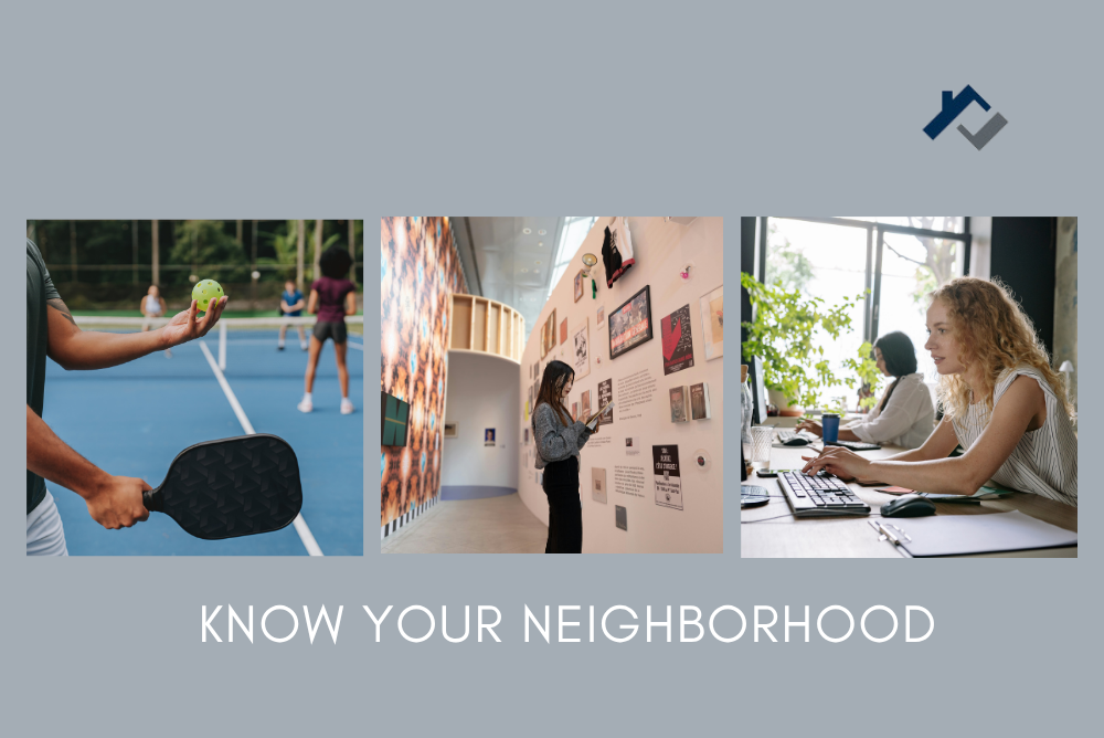 A graphic with three photos. Left photo pickleball, center art museum, right woman on computer