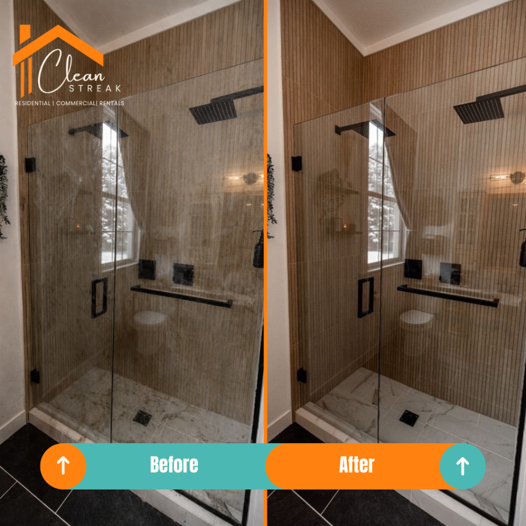 Before-and-after bathroom shower renovation with wood-look walls and glass door divider