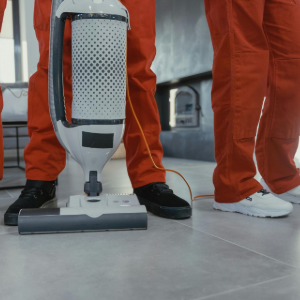 Person using a vacuum cleaner on a gray floor while standing in orange work pants and black shoes