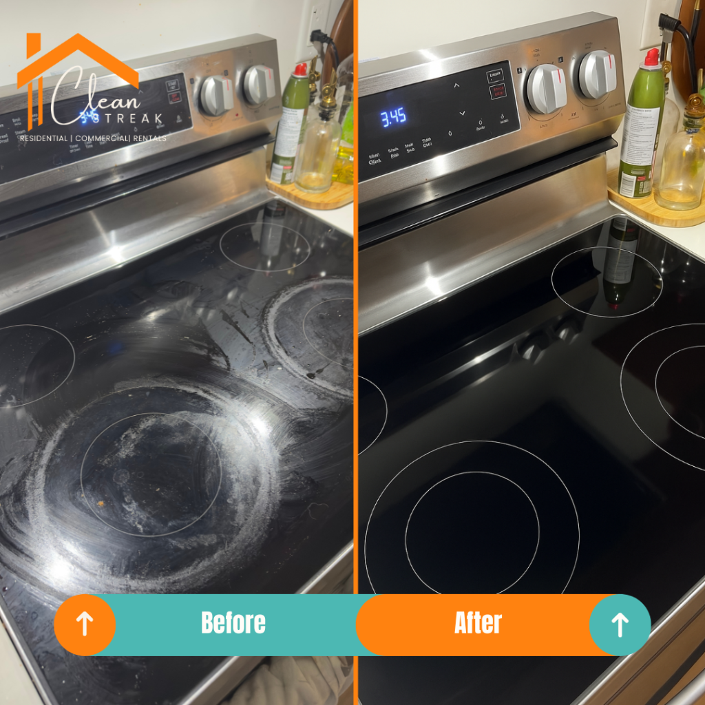 Stovetop before-and-after: dirty burners on left, clean black glass cooktop on right.