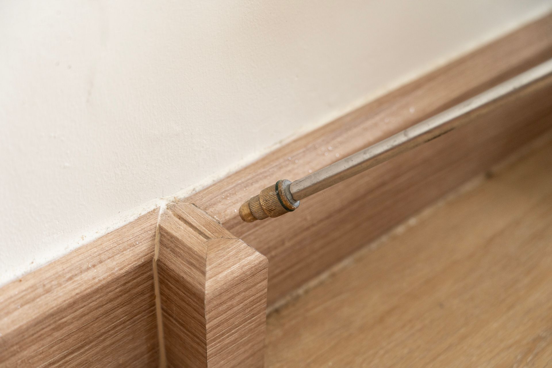 A person is spraying a wooden floor with a screwdriver.