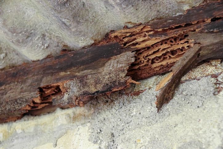 A close up of a piece of wood with termites eating it.