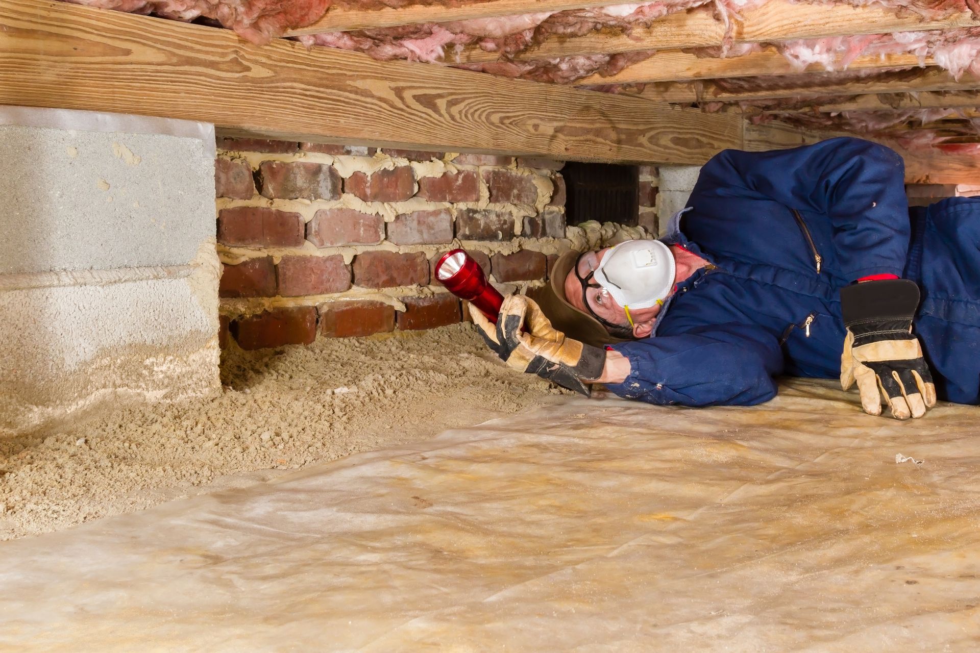 Man inspecting for termites in crawl space.