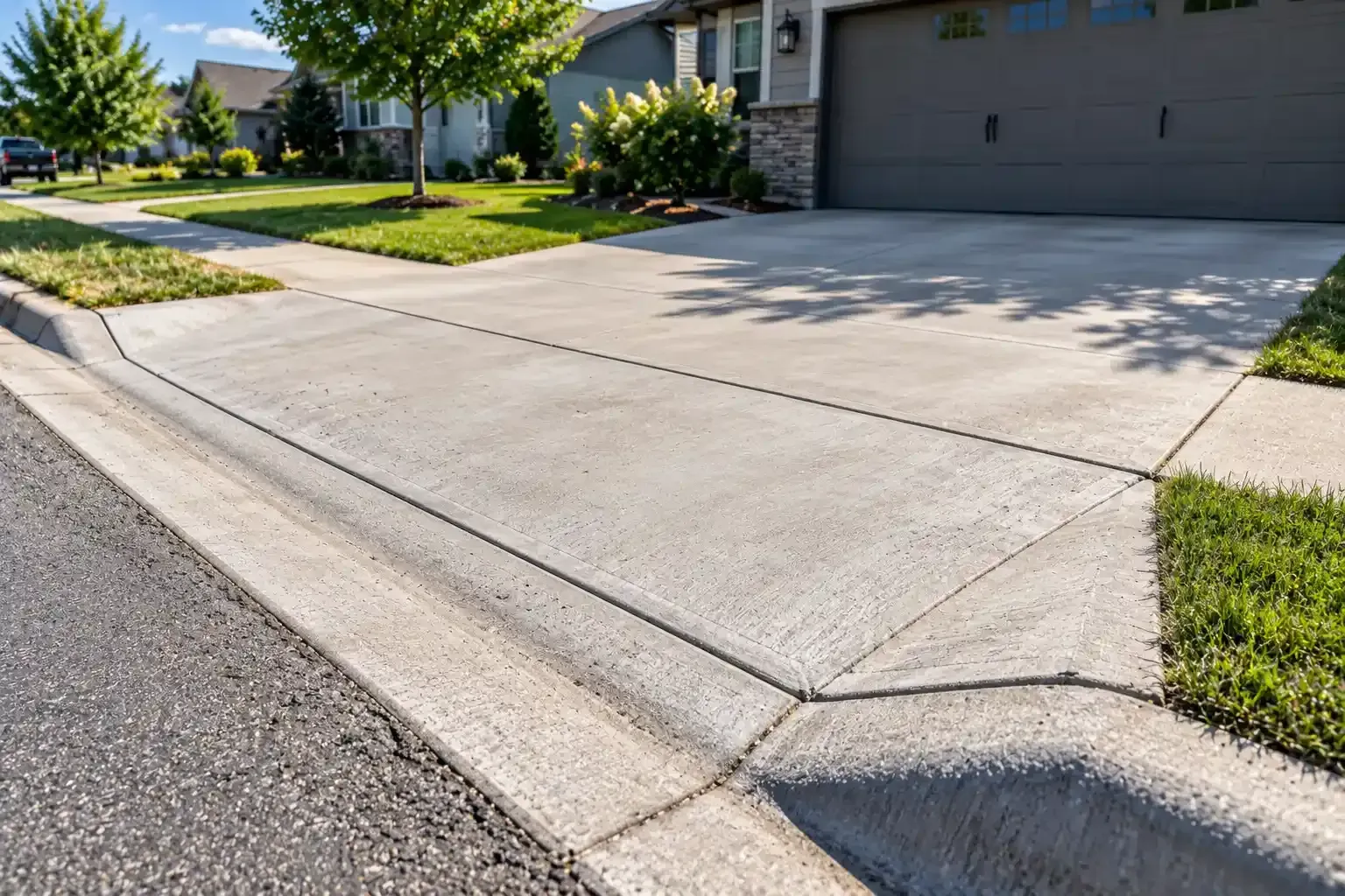 Concrete driveway approach and curb ramp beside a suburban house on a sunny day