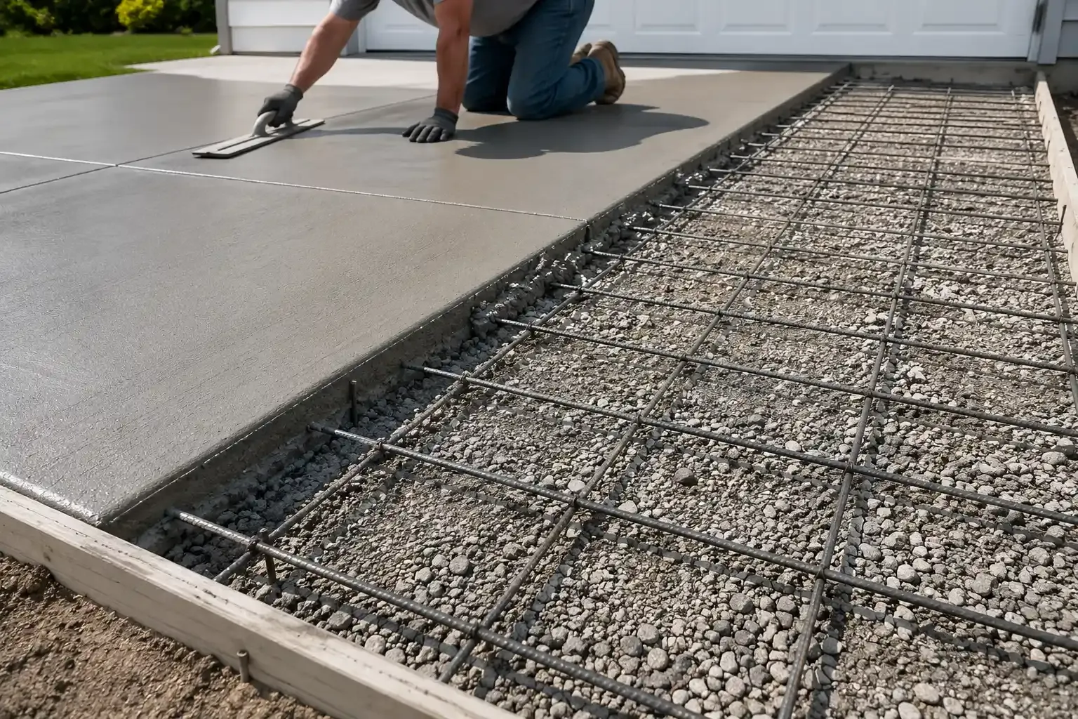 Worker smoothing concrete driveway beside exposed rebar foundation