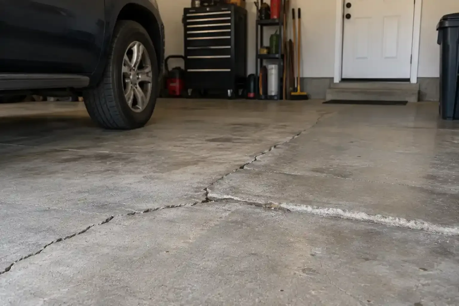Garage floor with a long cracked concrete seam, parked vehicle on the left, and storage cabinets in the back.