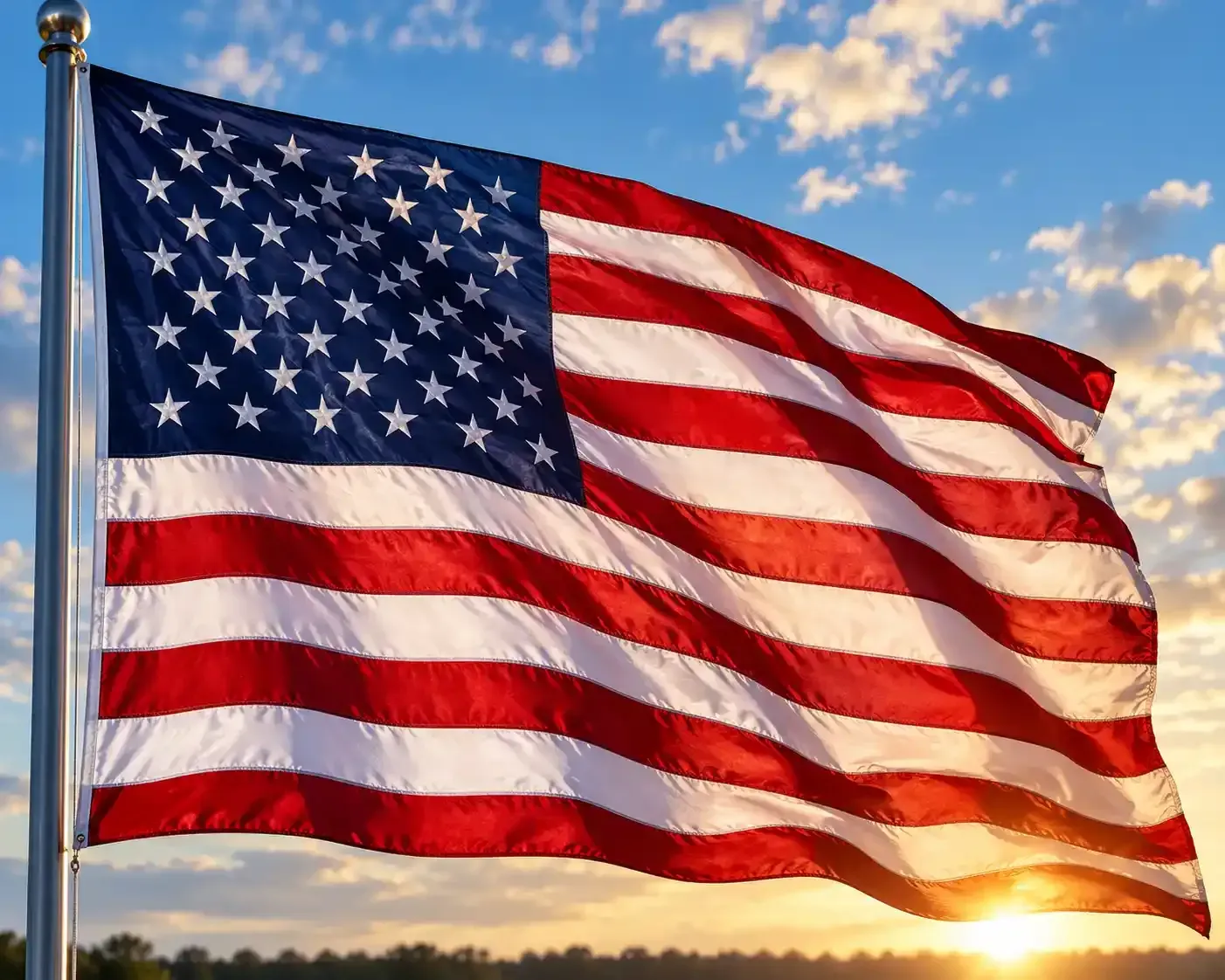 American flag waving against a blue sky with clouds at sunset