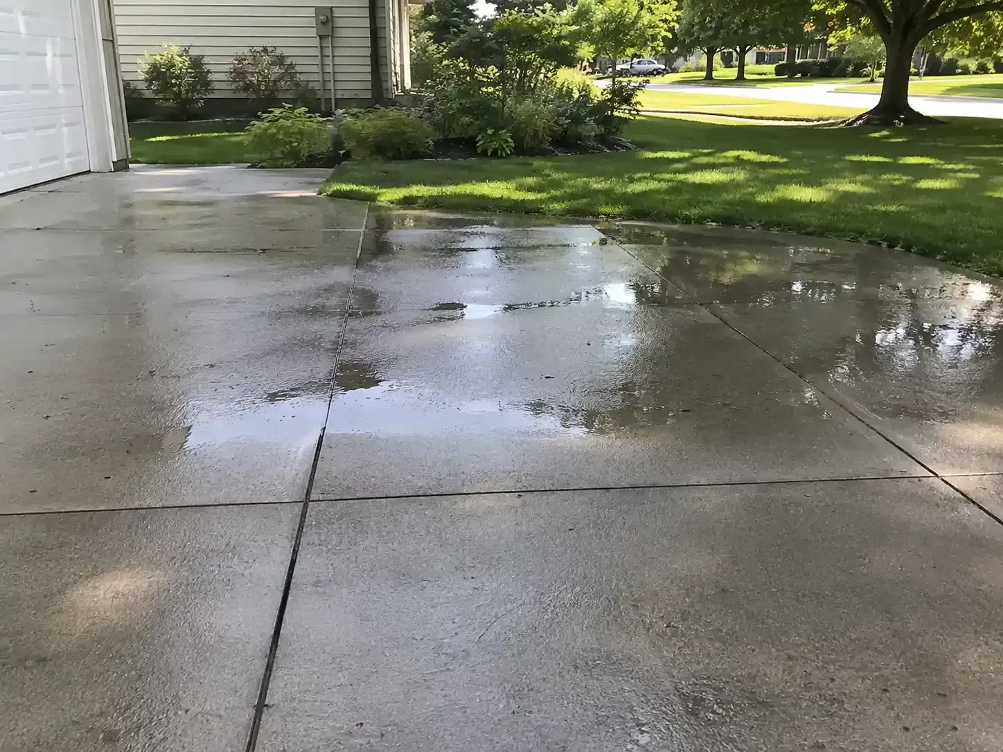 Standing water on driveway beside a house and green lawn on a sunny day