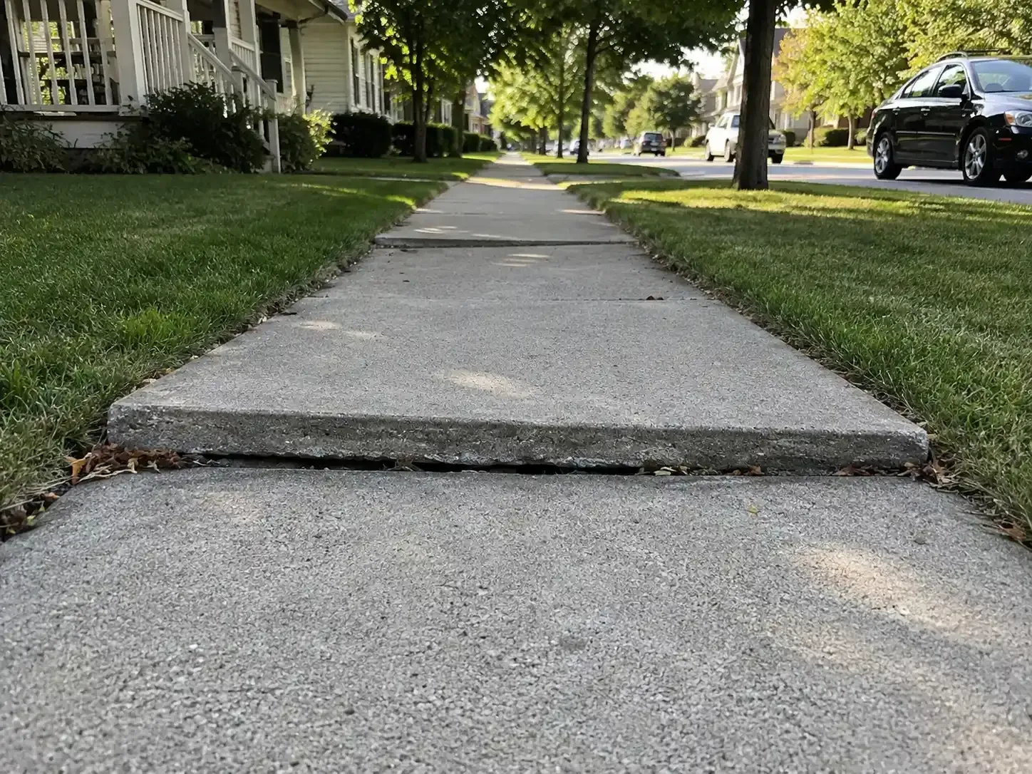 Cracked sidewalk with a raised concrete lip in a suburban neighborhood sidewalk