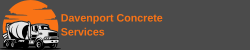 Davenport Concrete Services logo with a white cement mixer truck in front of orange sun on a dark gray background.