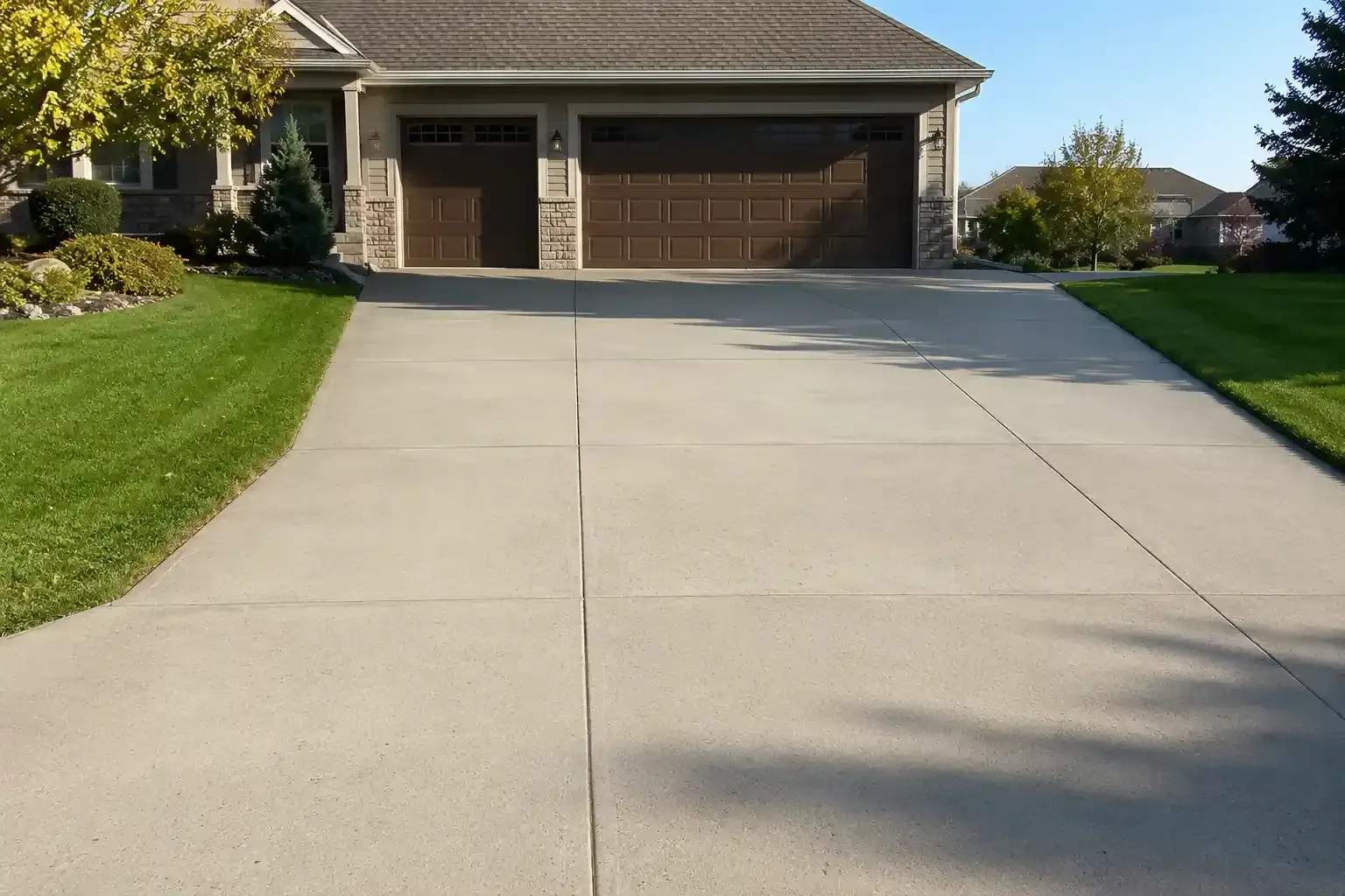 Suburban house with a wide concrete driveway and green lawns in front.
