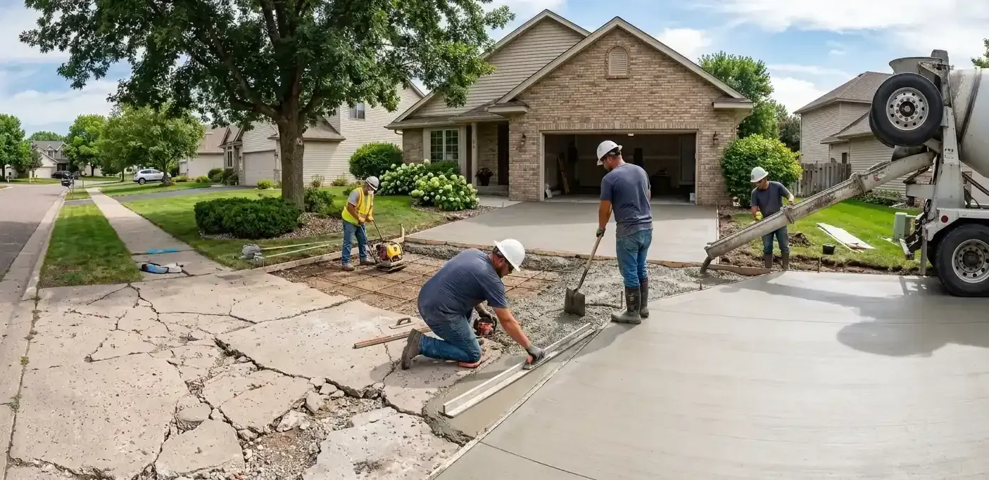 Workers repairing a cracked driveway beside a suburban house, with a concrete truck nearby.