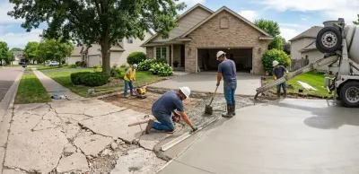 Workers repairing a cracked driveway beside a suburban house with a cement truck nearby