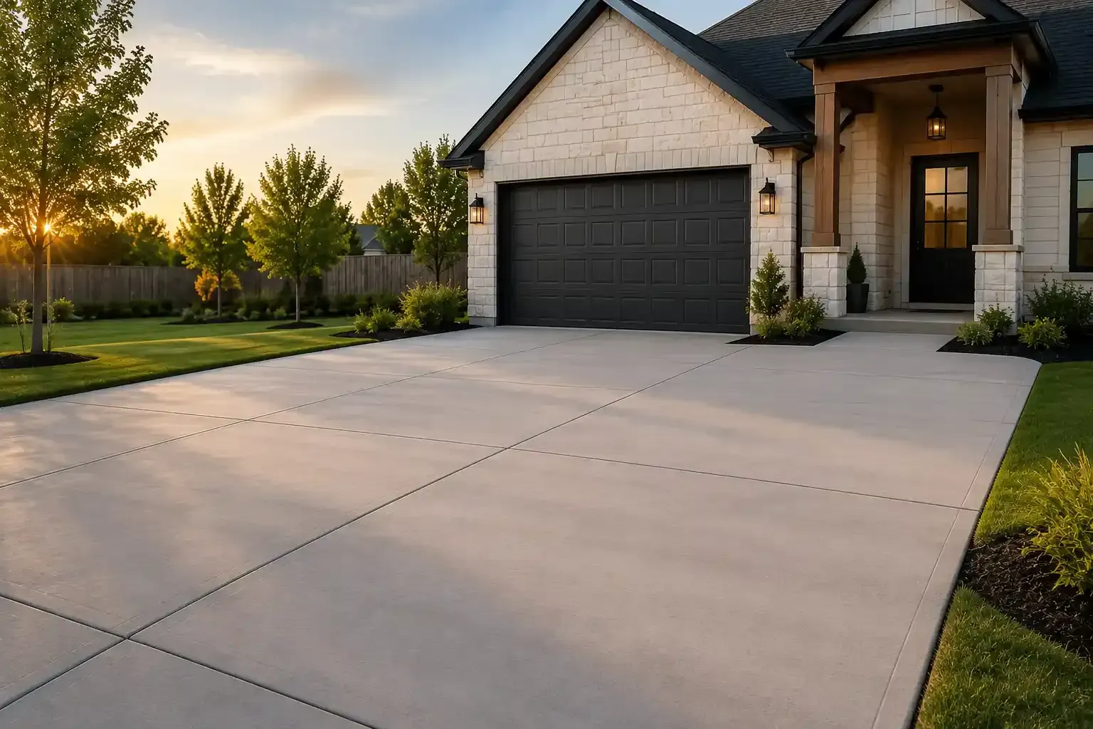 Modern house with a new wide concrete driveway at sunset, bordered by lawn and trees