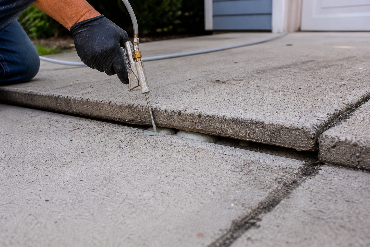 Worker injecting foam into an uneven concrete slab to level it, near a garage