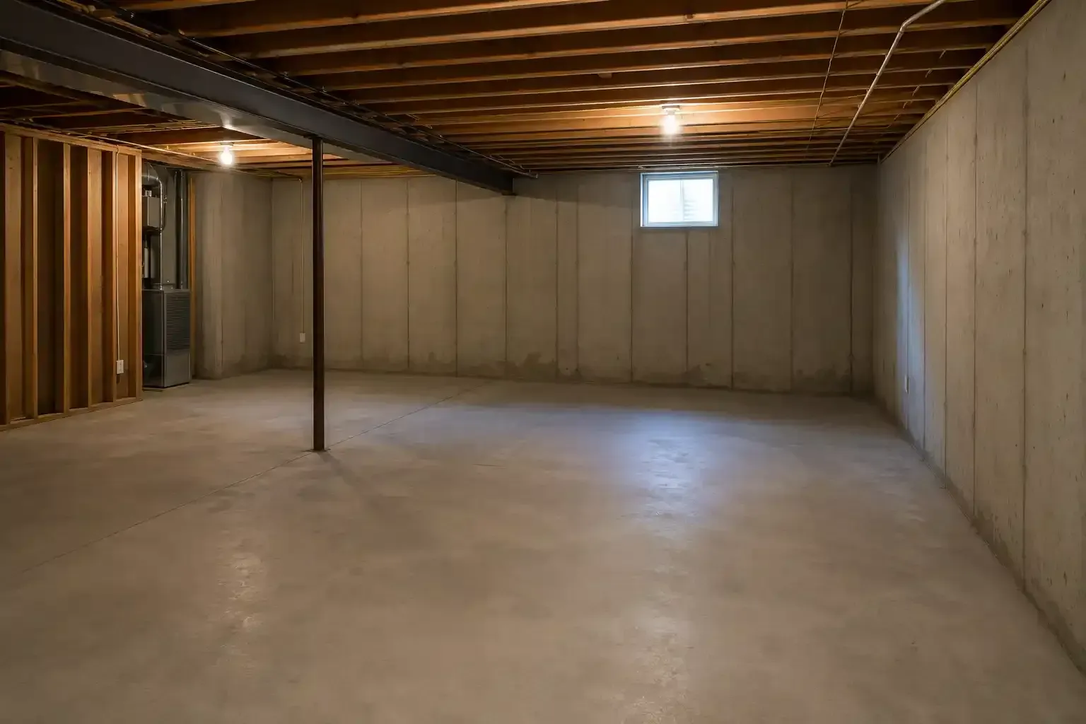 Empty unfinished basement with concrete floor and walls, exposed ceiling joists, support post, and a small window.