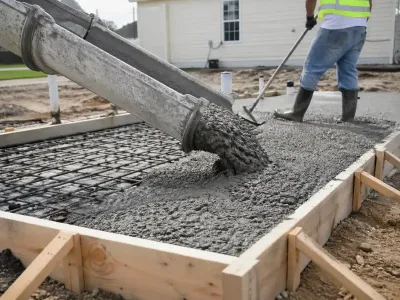 Concrete poured from a chute into wooden forms for a patio in a backyard with a worker leveling it.