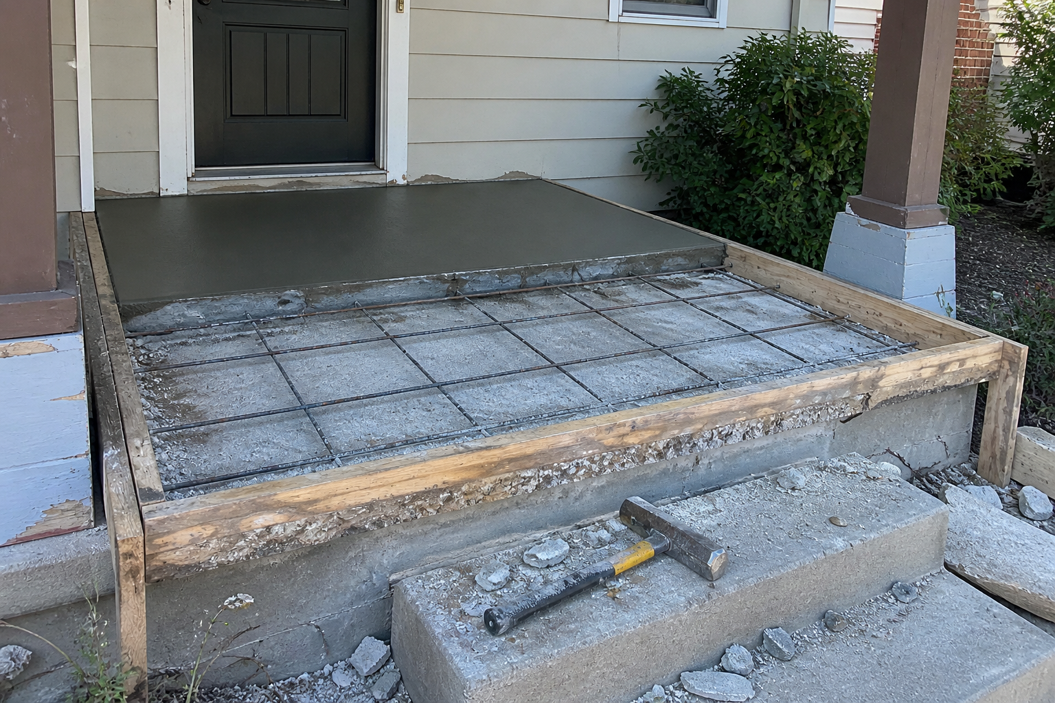 Damaged concrete porch with missing front steps and a yellow-handled tool on the lower landing