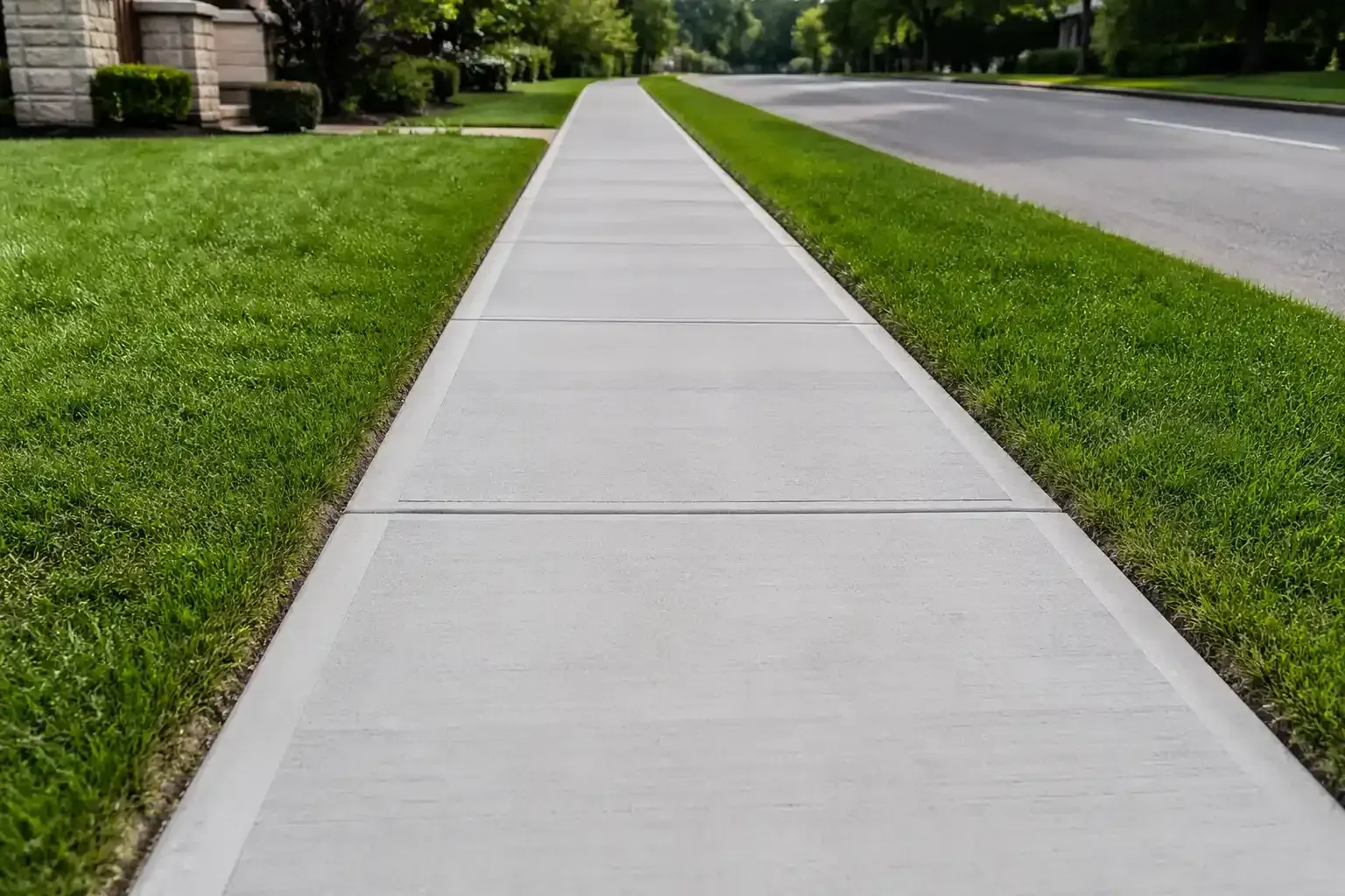 New concrete sidewalk beside green grass and a road in a suburban neighborhood